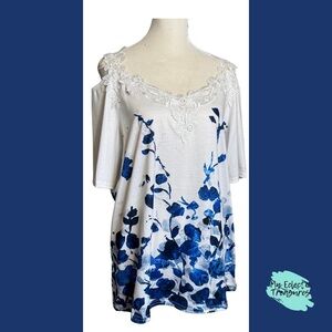 White and Blue Ruffled Cold Shoulder Blouse with Relaxed Fit XL